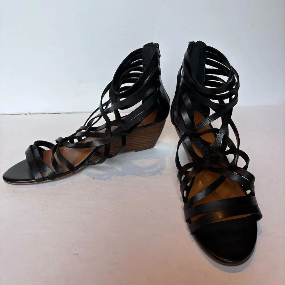 Hinge Women's Strappy Black Leather  Wedge Sandals Size 9 1/2M